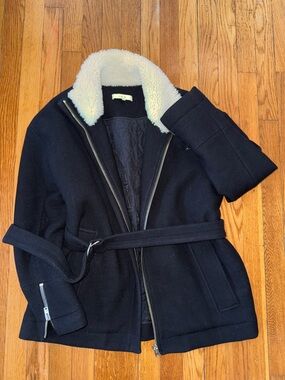 IRO achida virgin Wool Belted short Pea Coat Faux Shearling Collar size 38 - M